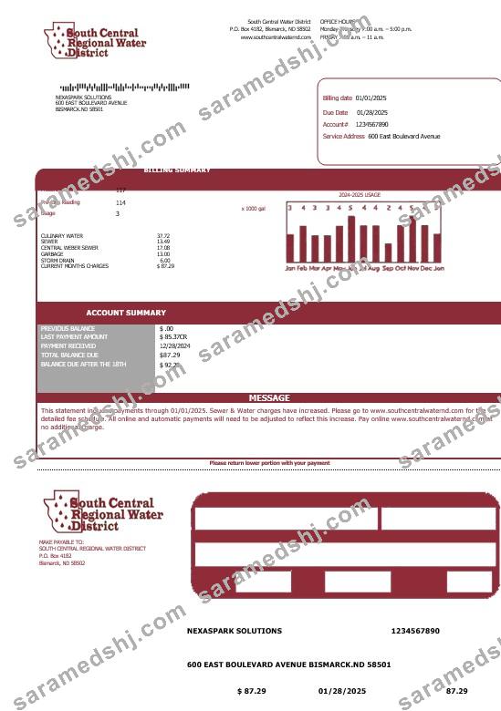 USA North Dakota South Central Regional Water District business utility bill template in Word and PDF formats